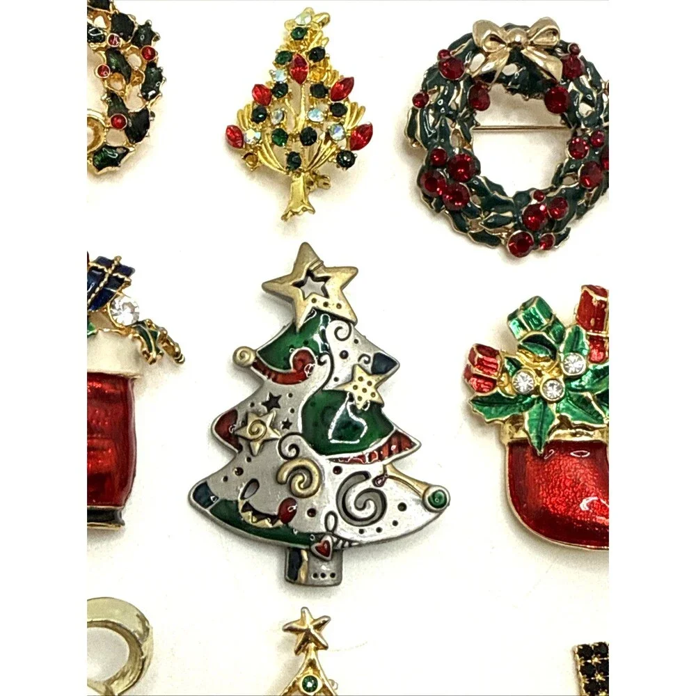 Vintage Rhinestone Enamel Christmas Brooches Trees Bells Wreaths Stockings 12 Pc